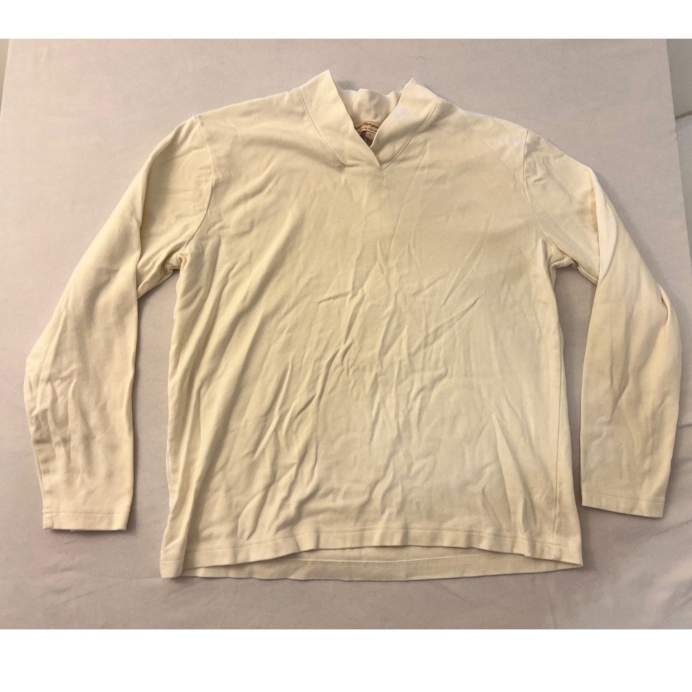 Norm Thompson Cream Cotton Long Sleeve Split Mock Neck Top Large 10694
